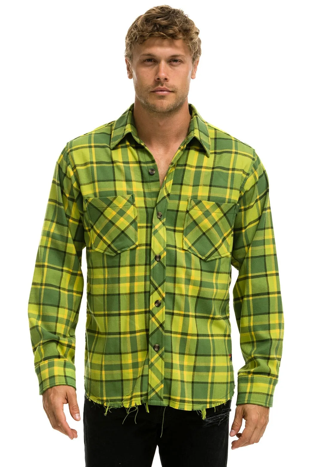 PLAID FLANNEL LIGHT WEIGHT UNISEX WESTERN SHIRT - AVOCADO PLAID