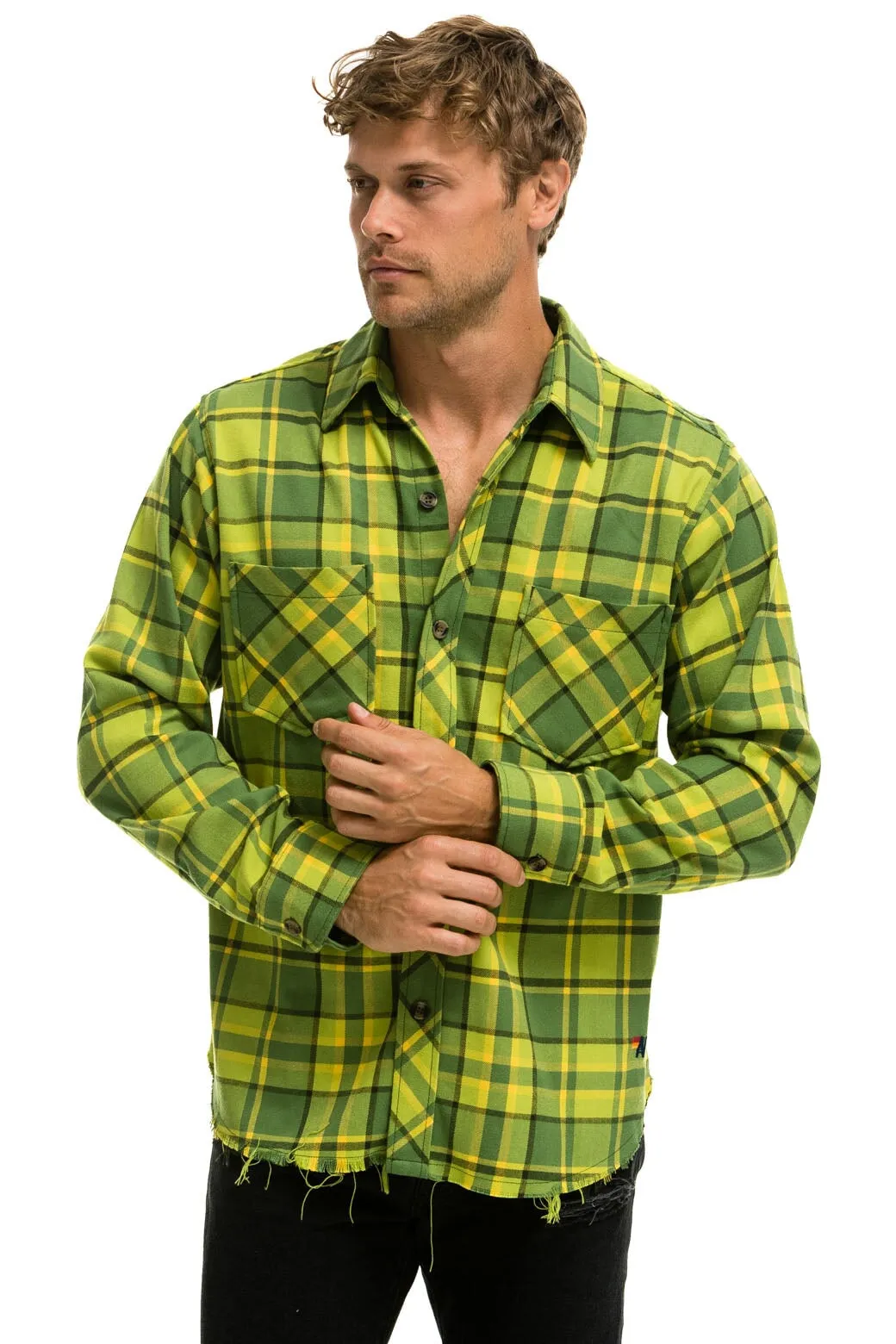 PLAID FLANNEL LIGHT WEIGHT UNISEX WESTERN SHIRT - AVOCADO PLAID