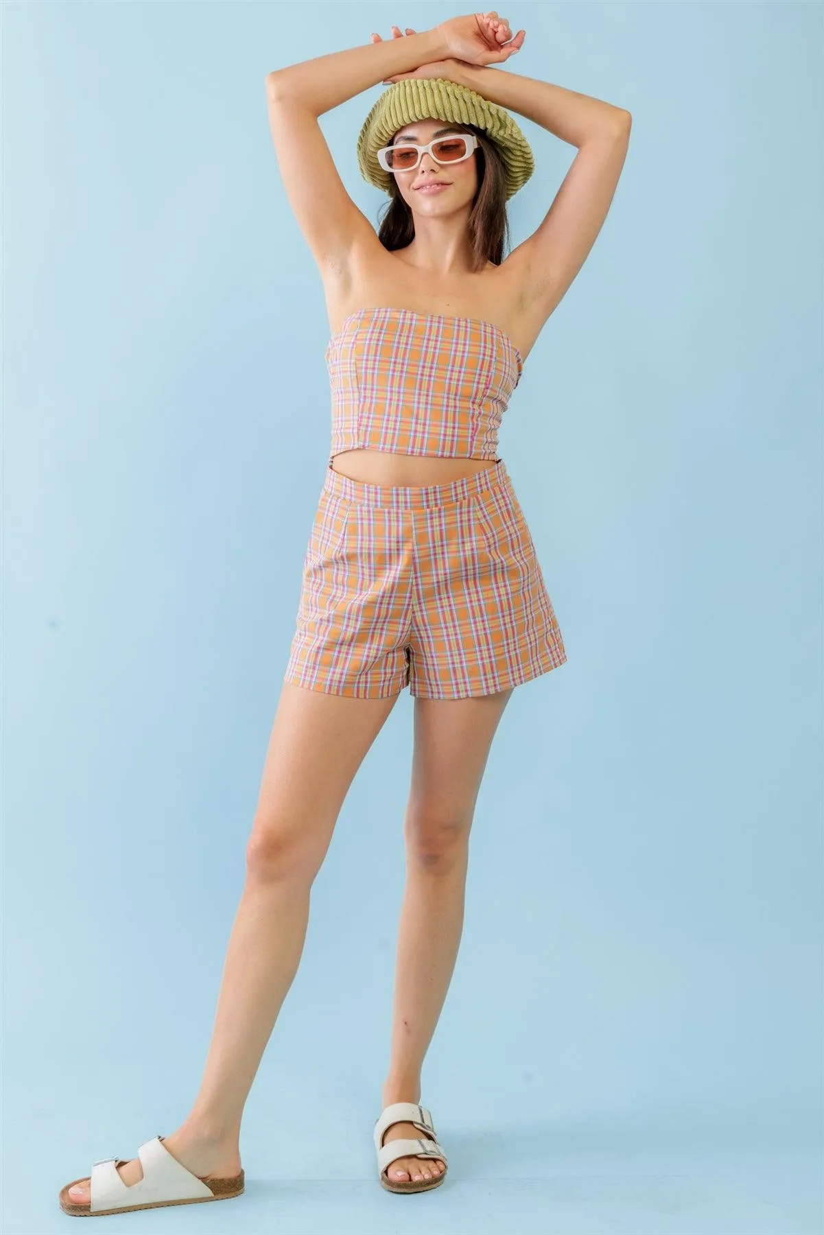 Plaid Print Strapless Crop Top & High Waist Shorts Set