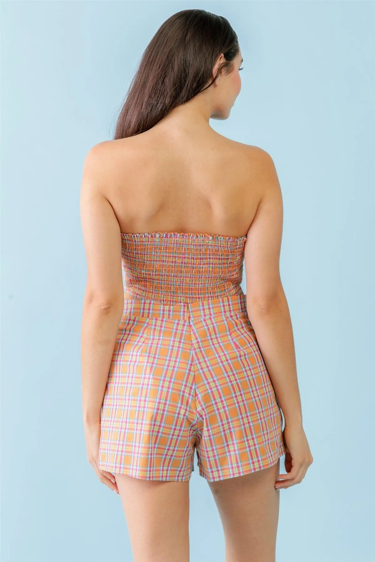 Plaid Print Strapless Crop Top & High Waist Shorts Set