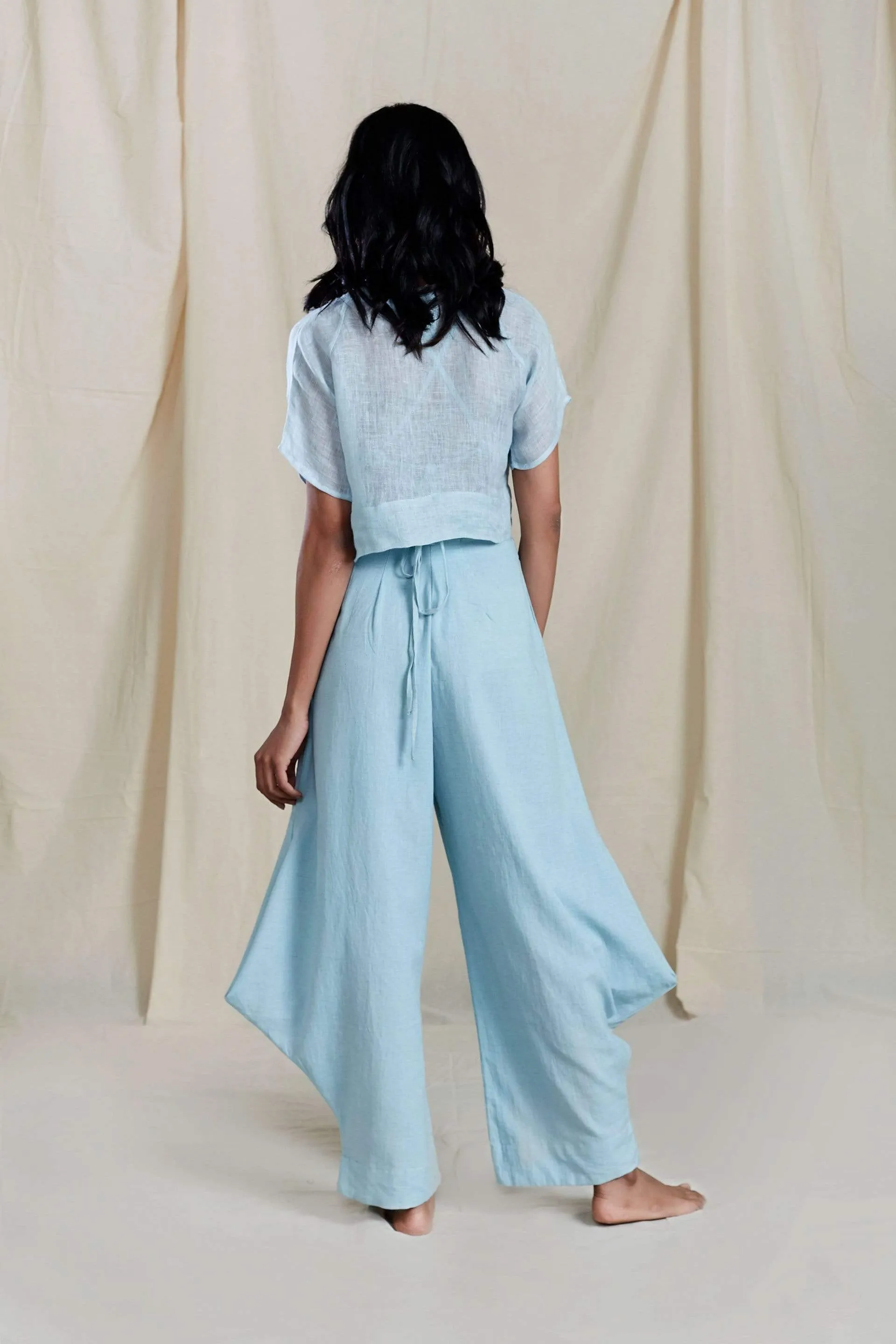 Pleated Blue Cowl Pants