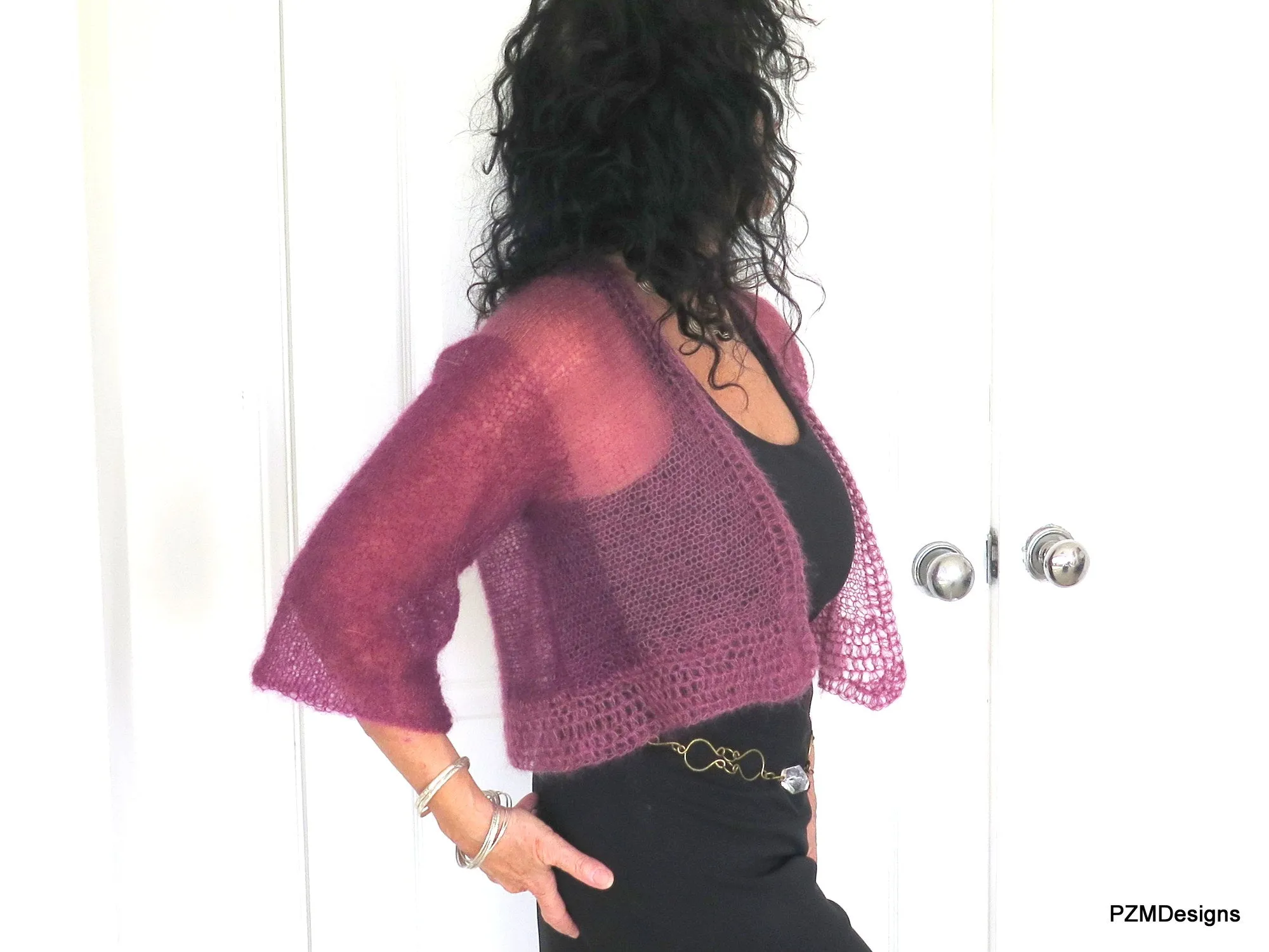 Plum Colored Ombre Silk Mohair Shrug, Knit Cropped Shrug