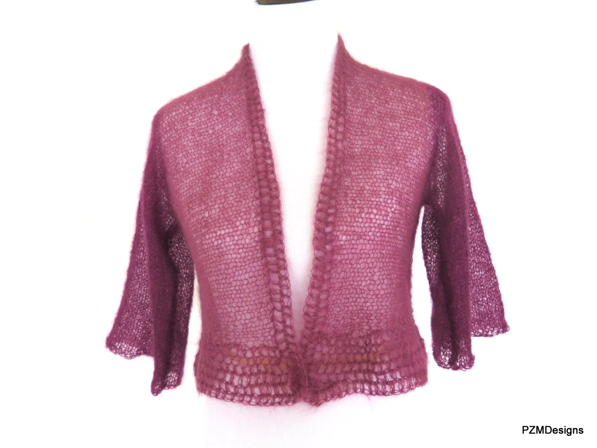 Plum Colored Ombre Silk Mohair Shrug, Knit Cropped Shrug