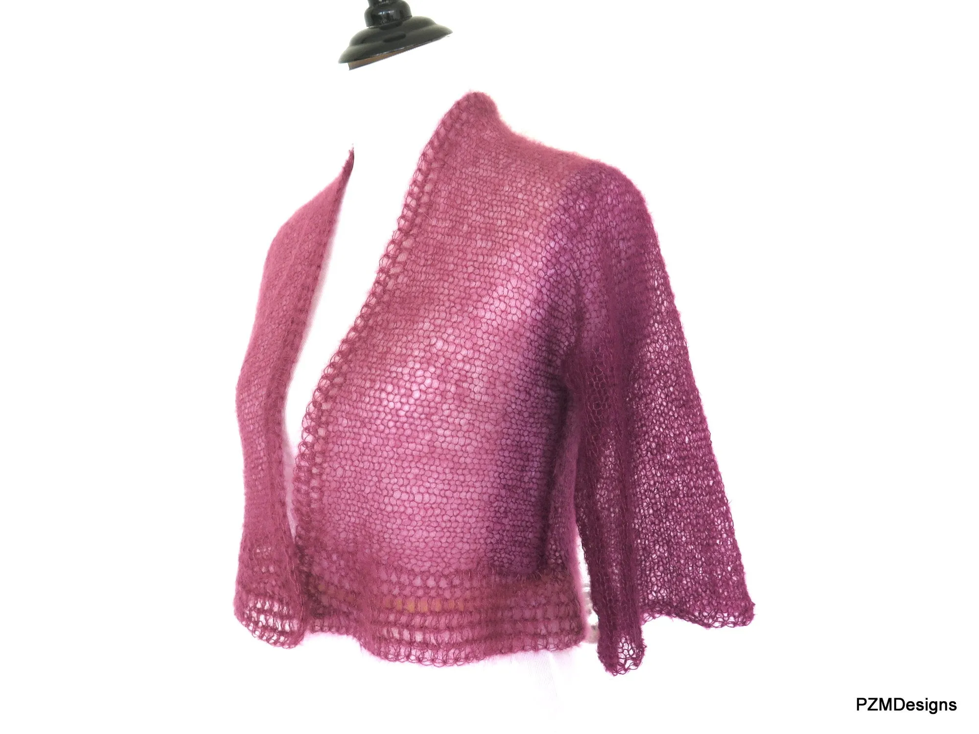 Plum Colored Ombre Silk Mohair Shrug, Knit Cropped Shrug