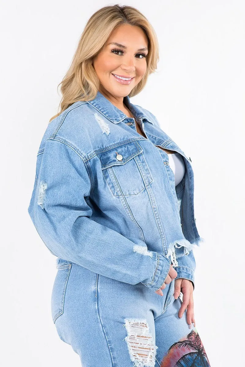 Plus Size California Painting Cropped Denim Jacket