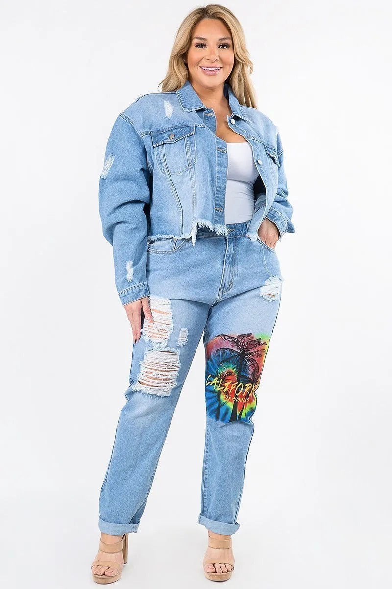 Plus Size California Painting Cropped Denim Jacket