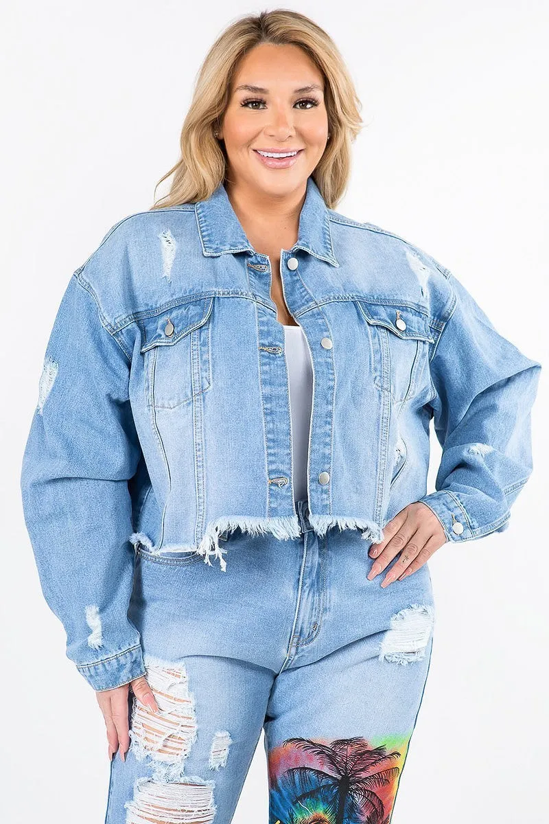 Plus Size California Painting Cropped Denim Jacket