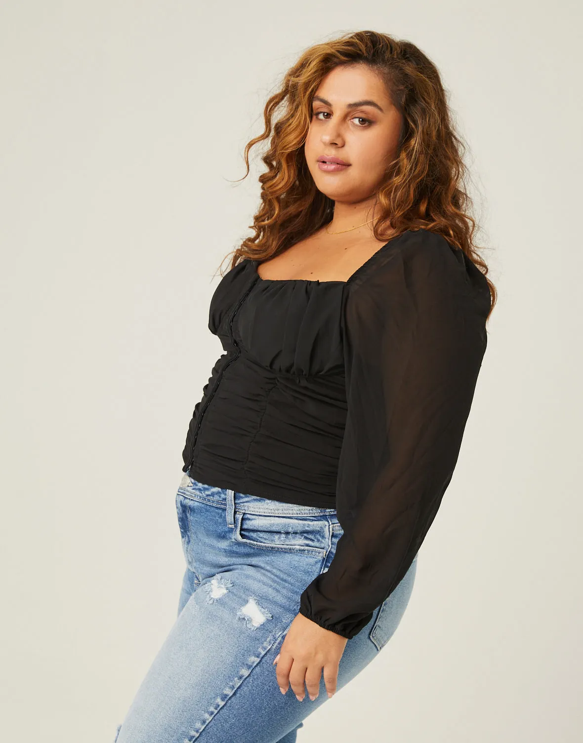 Plus Size Long Sleeve Mesh Ruched Top