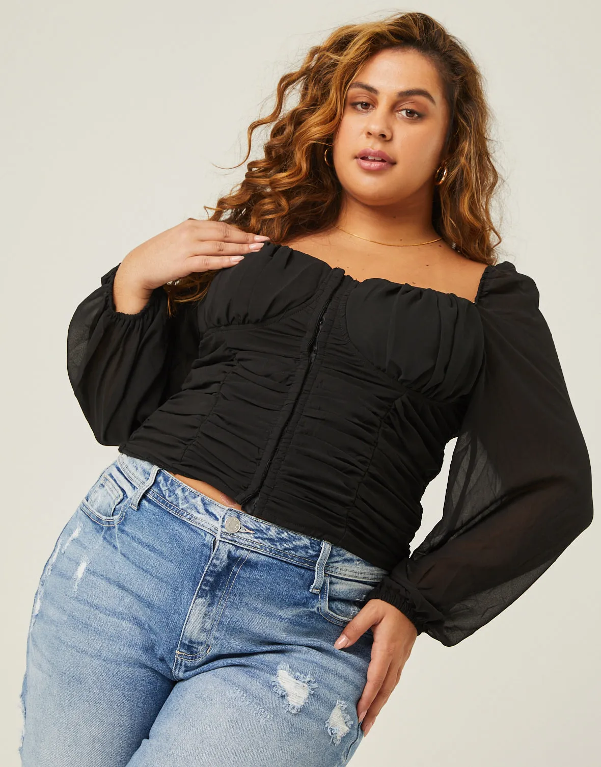 Plus Size Long Sleeve Mesh Ruched Top