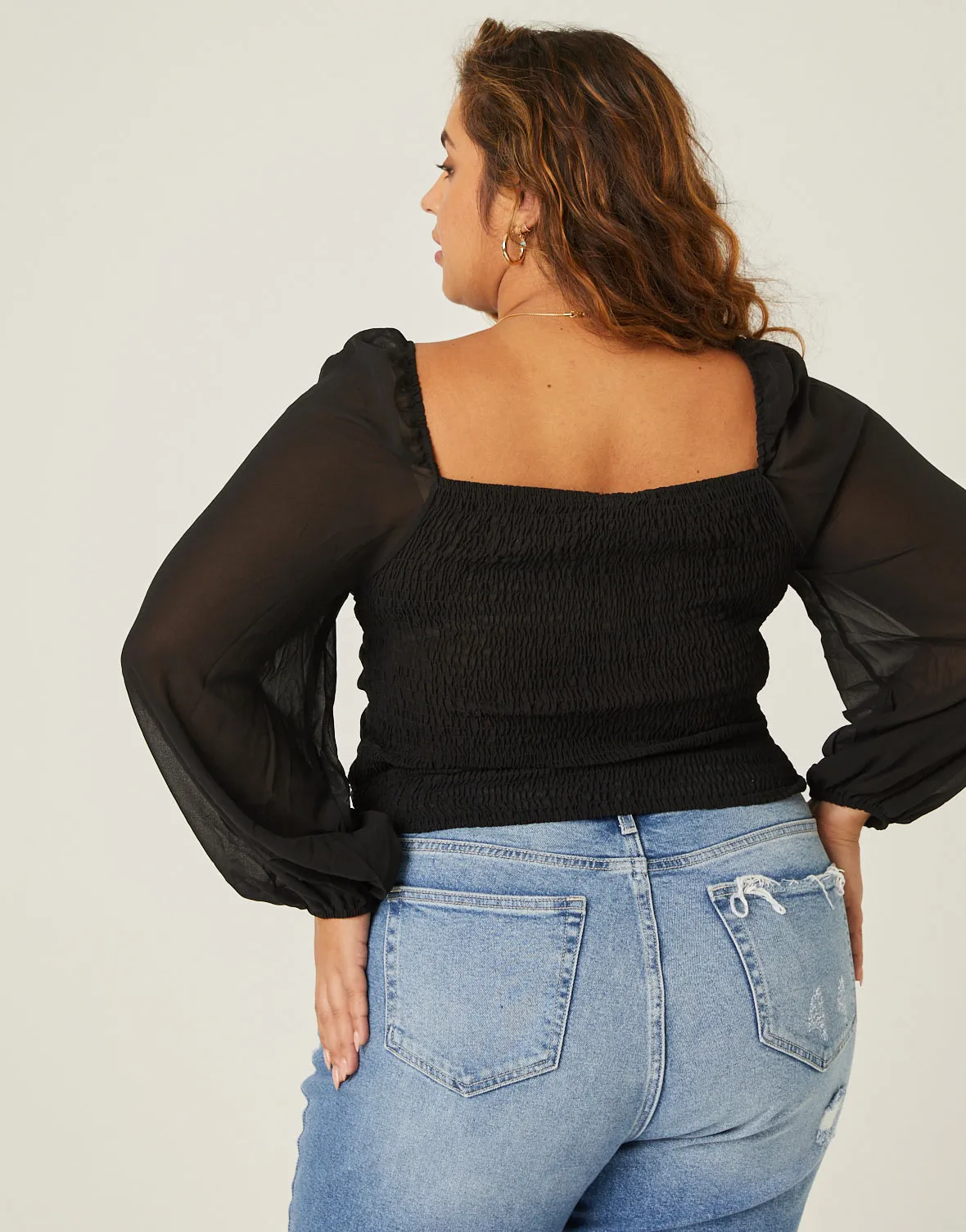 Plus Size Long Sleeve Mesh Ruched Top