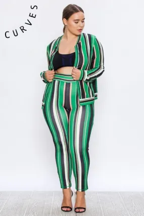 Plus Size Vertical Stripe Mix Print Tracksuit Set