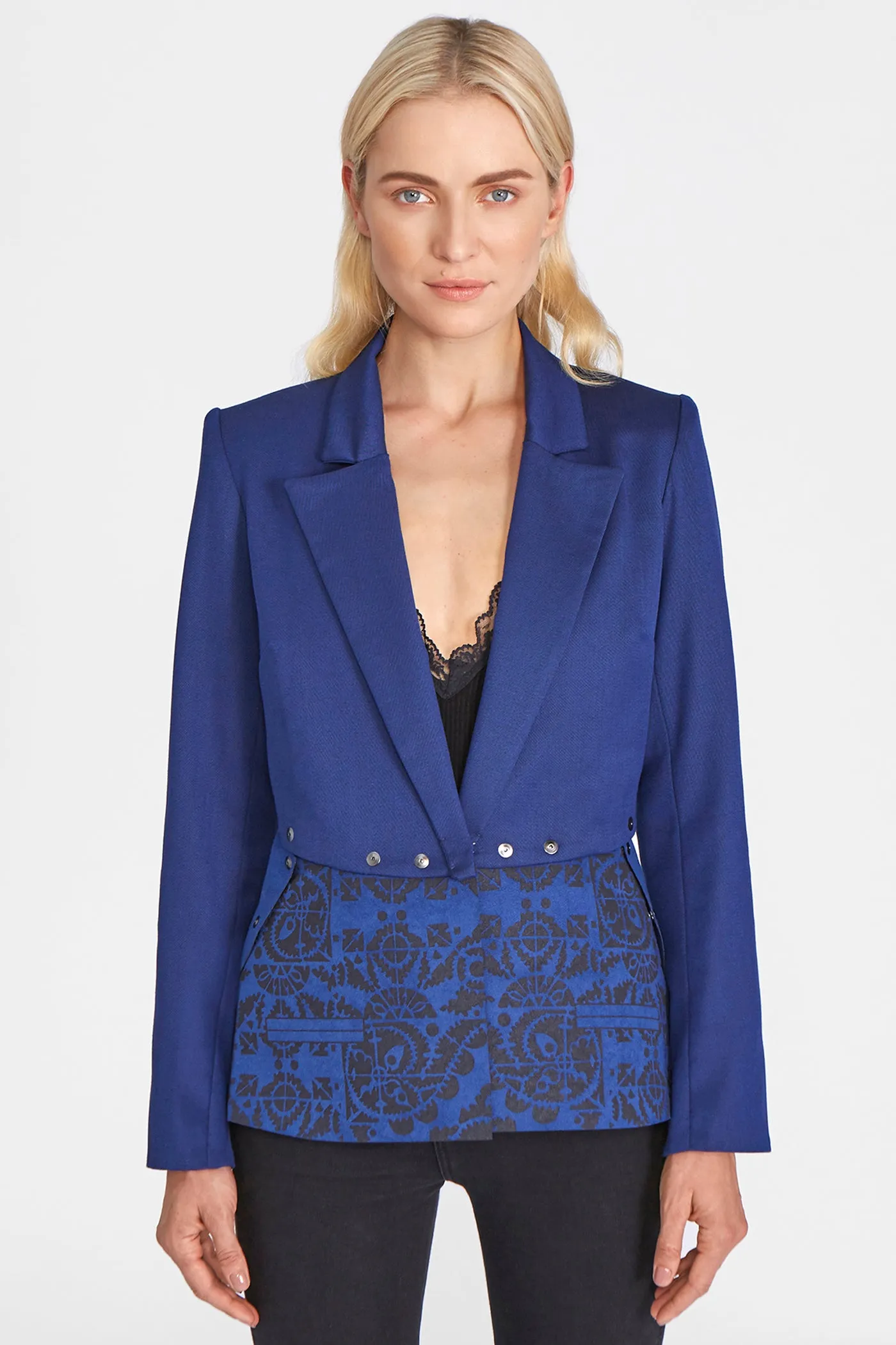 Popper jacket with laser cut peplum in blue luxury worsted wool & faux engraved suede