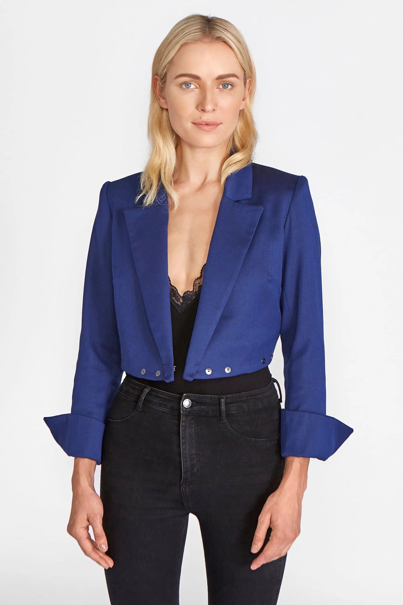 Popper jacket with laser cut peplum in blue luxury worsted wool & faux engraved suede