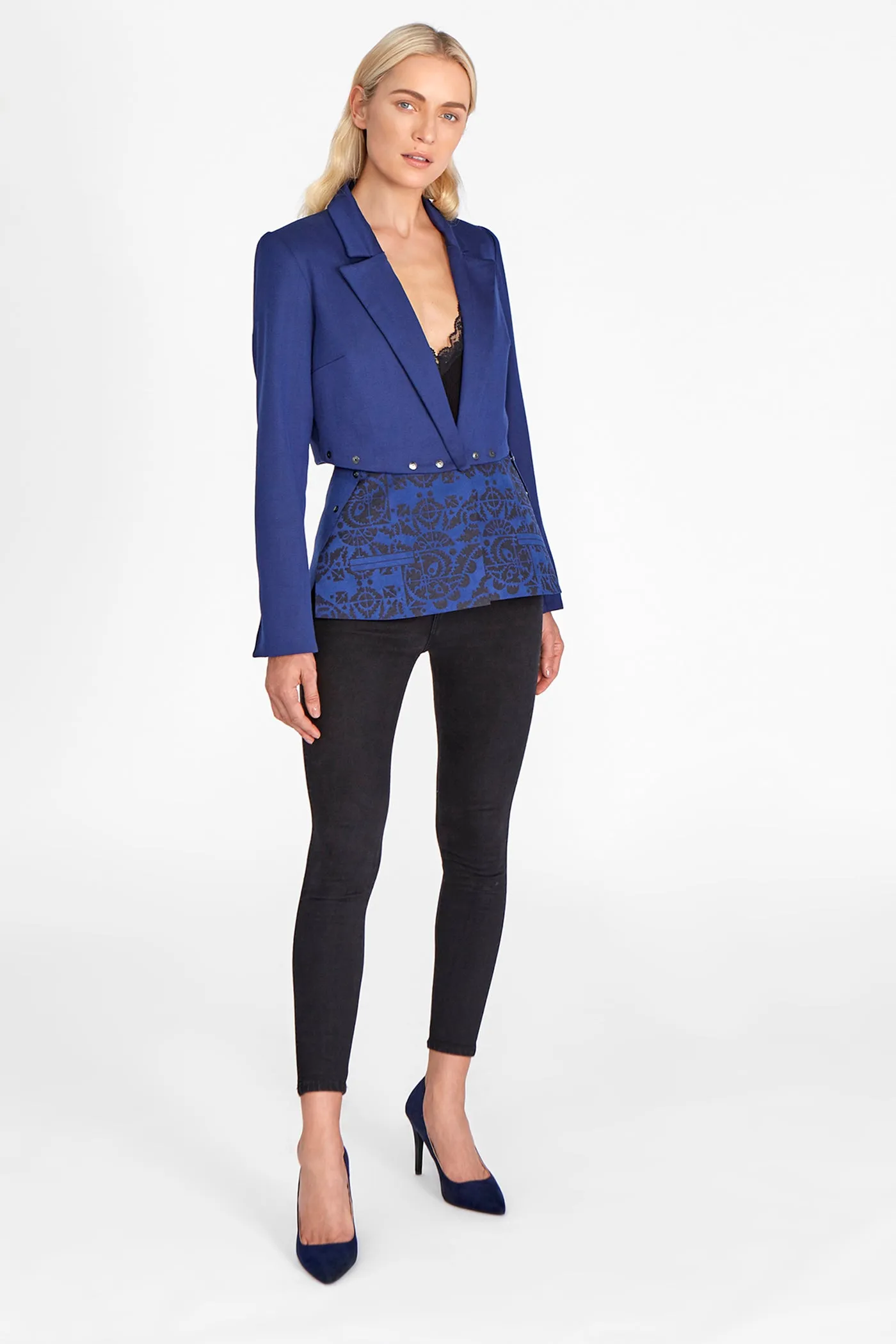 Popper jacket with laser cut peplum in blue luxury worsted wool & faux engraved suede