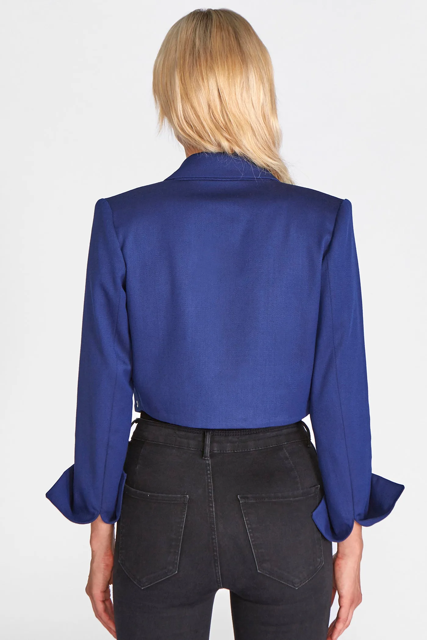 Popper jacket with laser cut peplum in blue luxury worsted wool & faux engraved suede