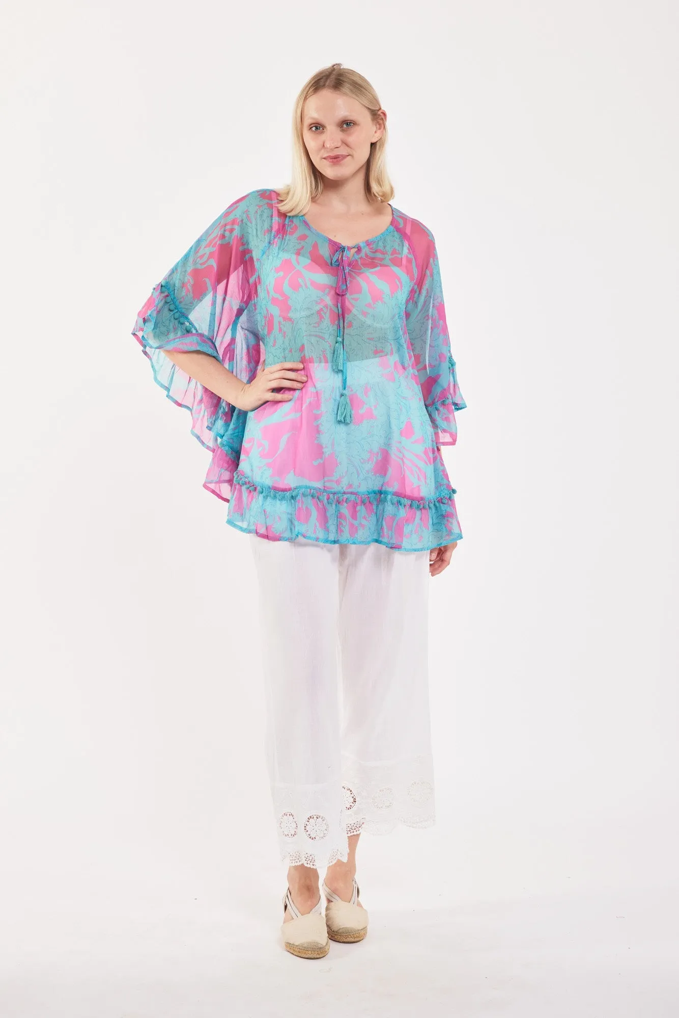 Preorder Cinzia Chiffon Tunic Big Coral Super Pink Blue