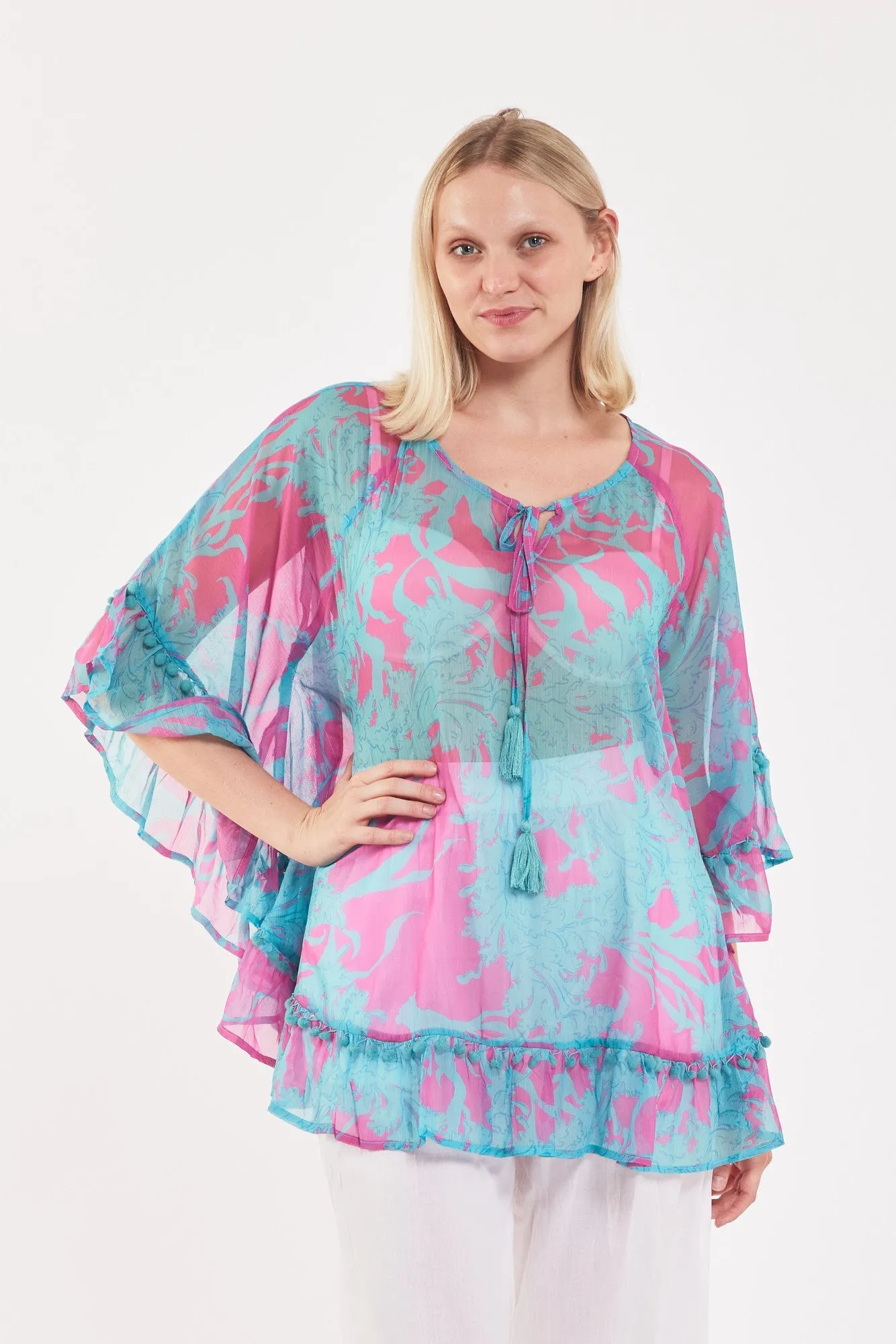 Preorder Cinzia Chiffon Tunic Big Coral Super Pink Blue