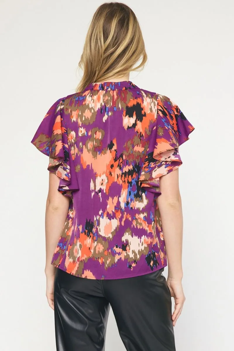 Printed Pintuck Blouse, Plum