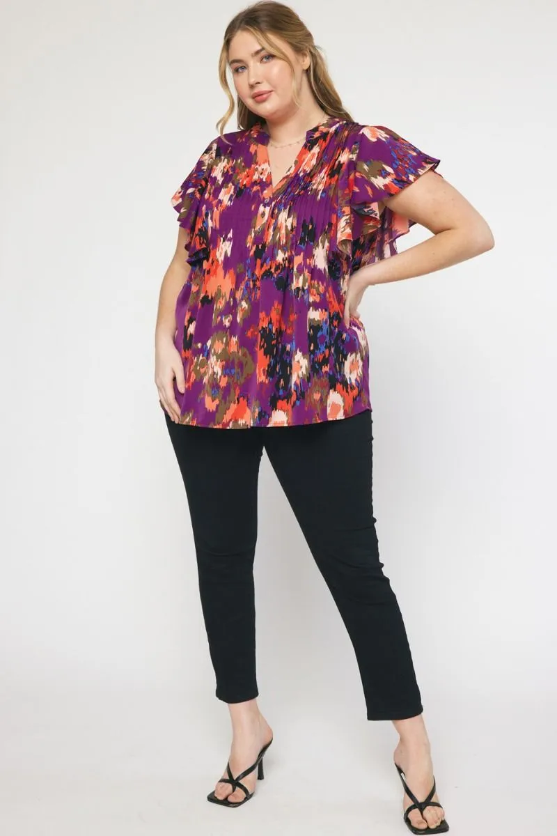 Printed Pintuck Blouse, Plum