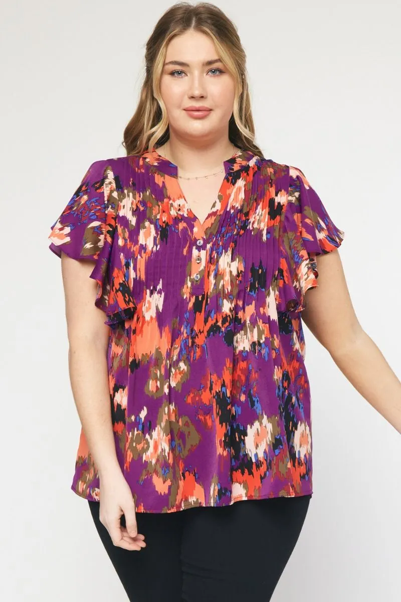 Printed Pintuck Blouse, Plum