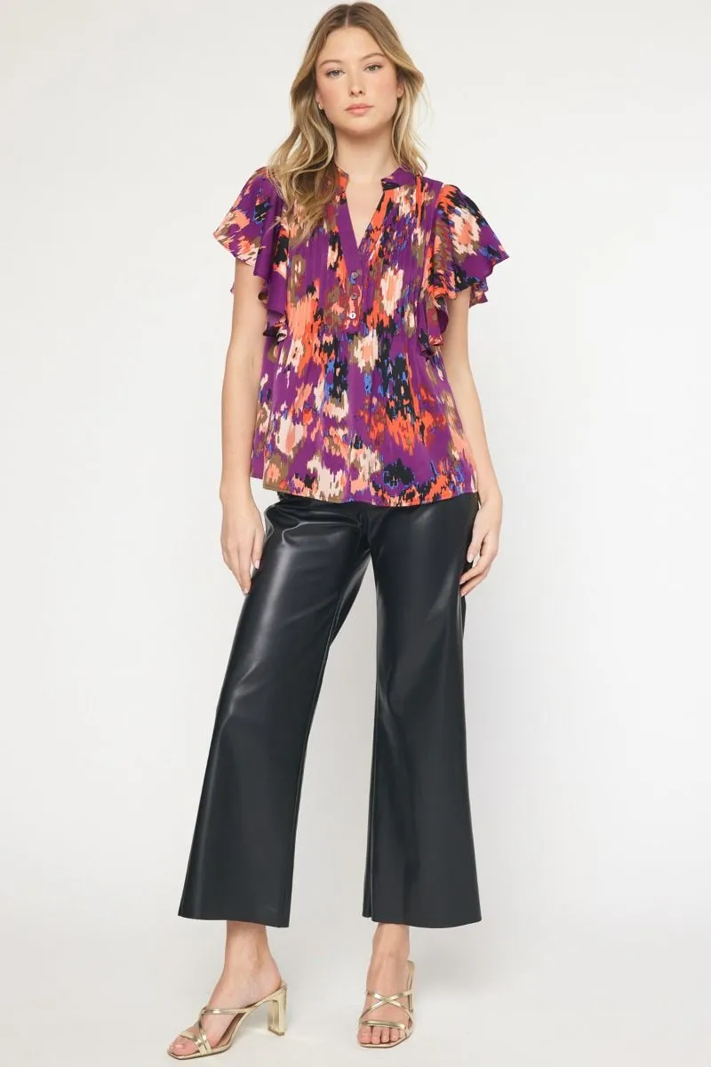 Printed Pintuck Blouse, Plum