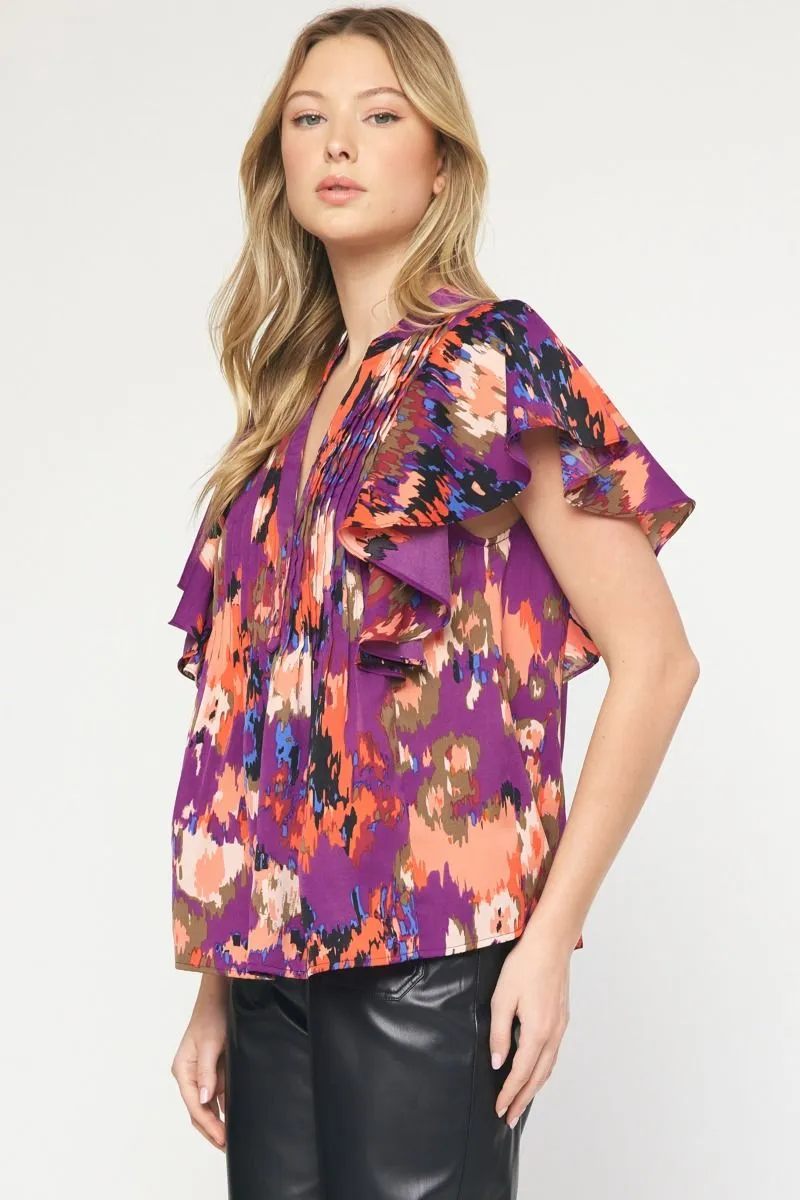 Printed Pintuck Blouse, Plum