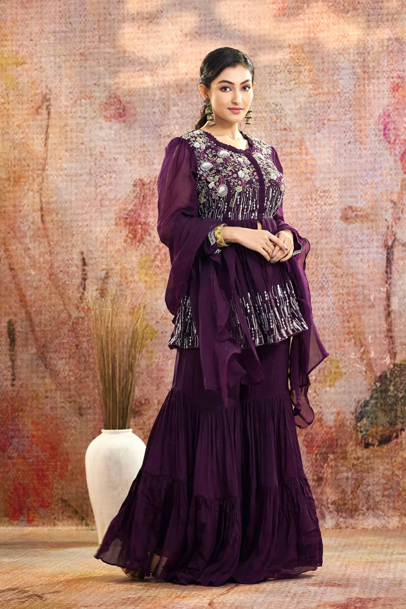 Purple Embellished Pure Crepe Silk Sharara Set