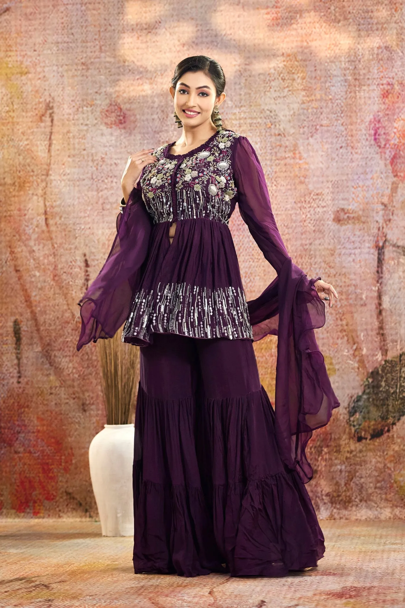 Purple Embellished Pure Crepe Silk Sharara Set