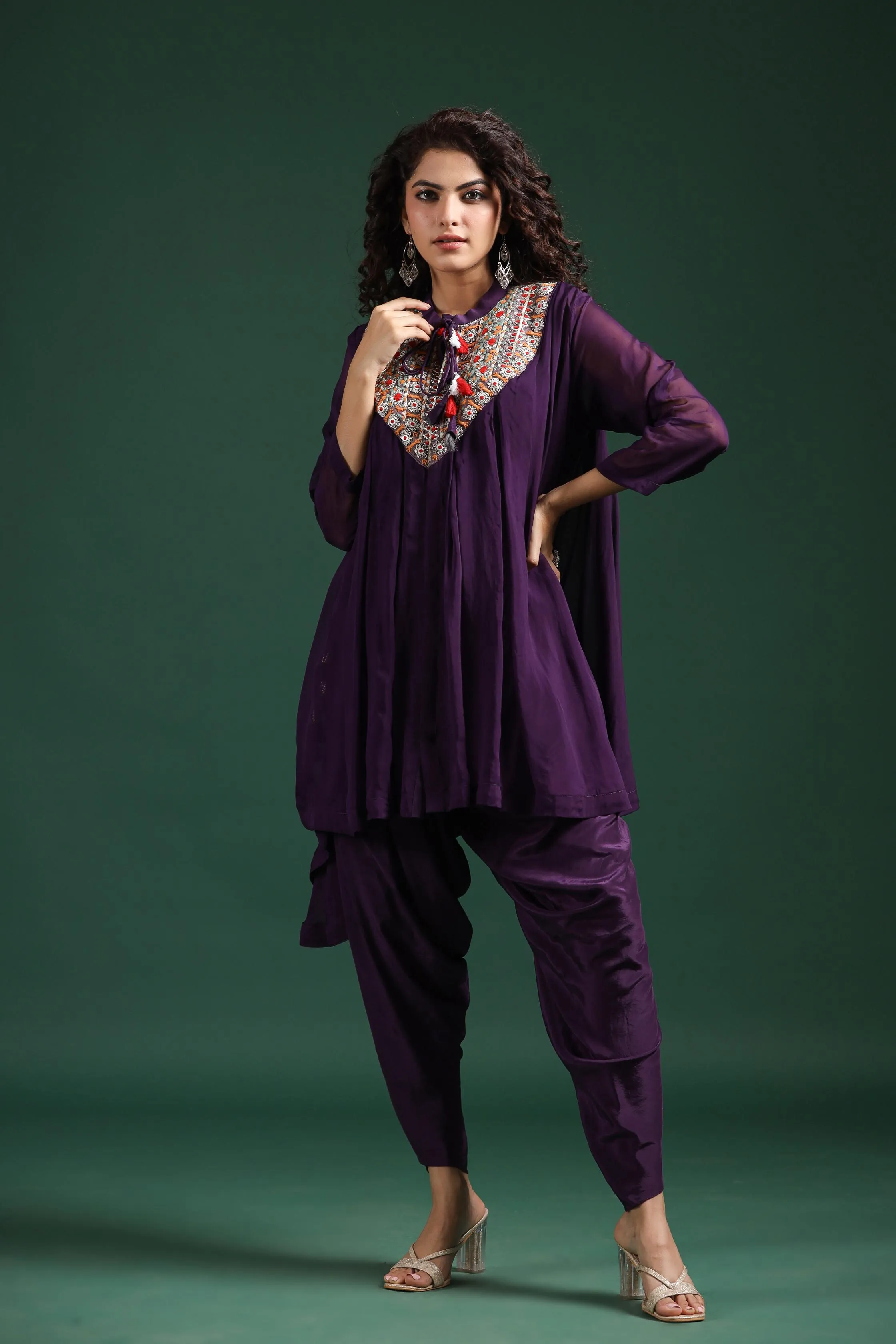 Purple Embroidered Tunic With Dhoti Pants