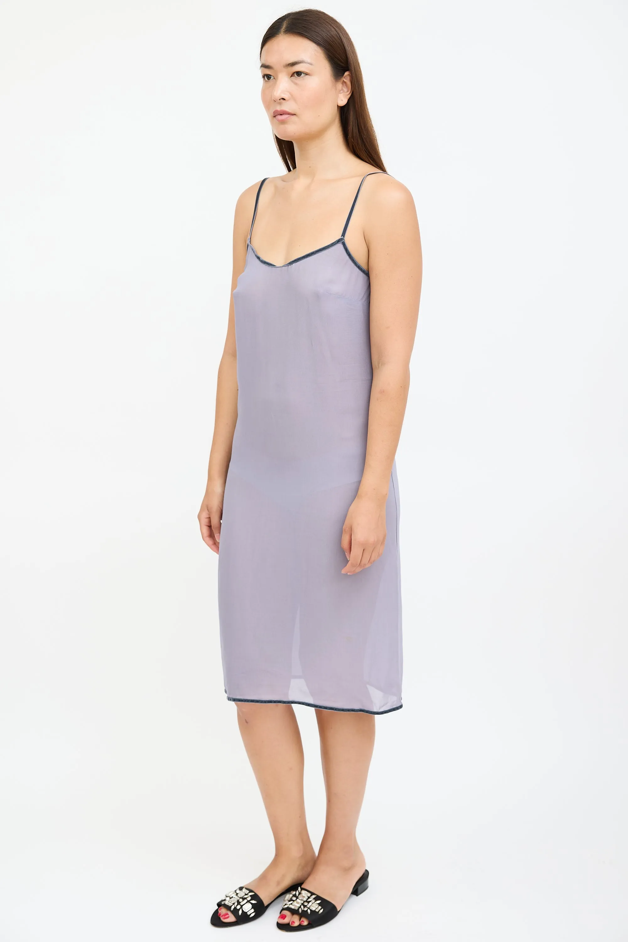 Purple Velvet Trim Sheer Slip Dress