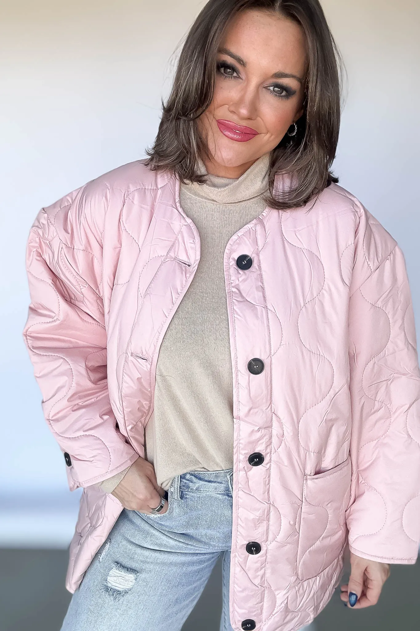 Quilted Pink Liner Jacket Button Down