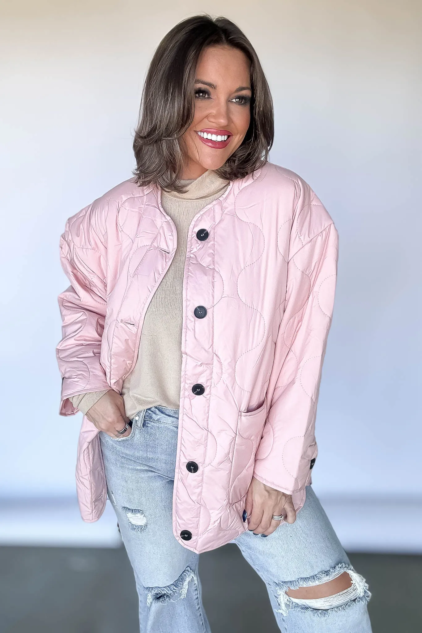 Quilted Pink Liner Jacket Button Down