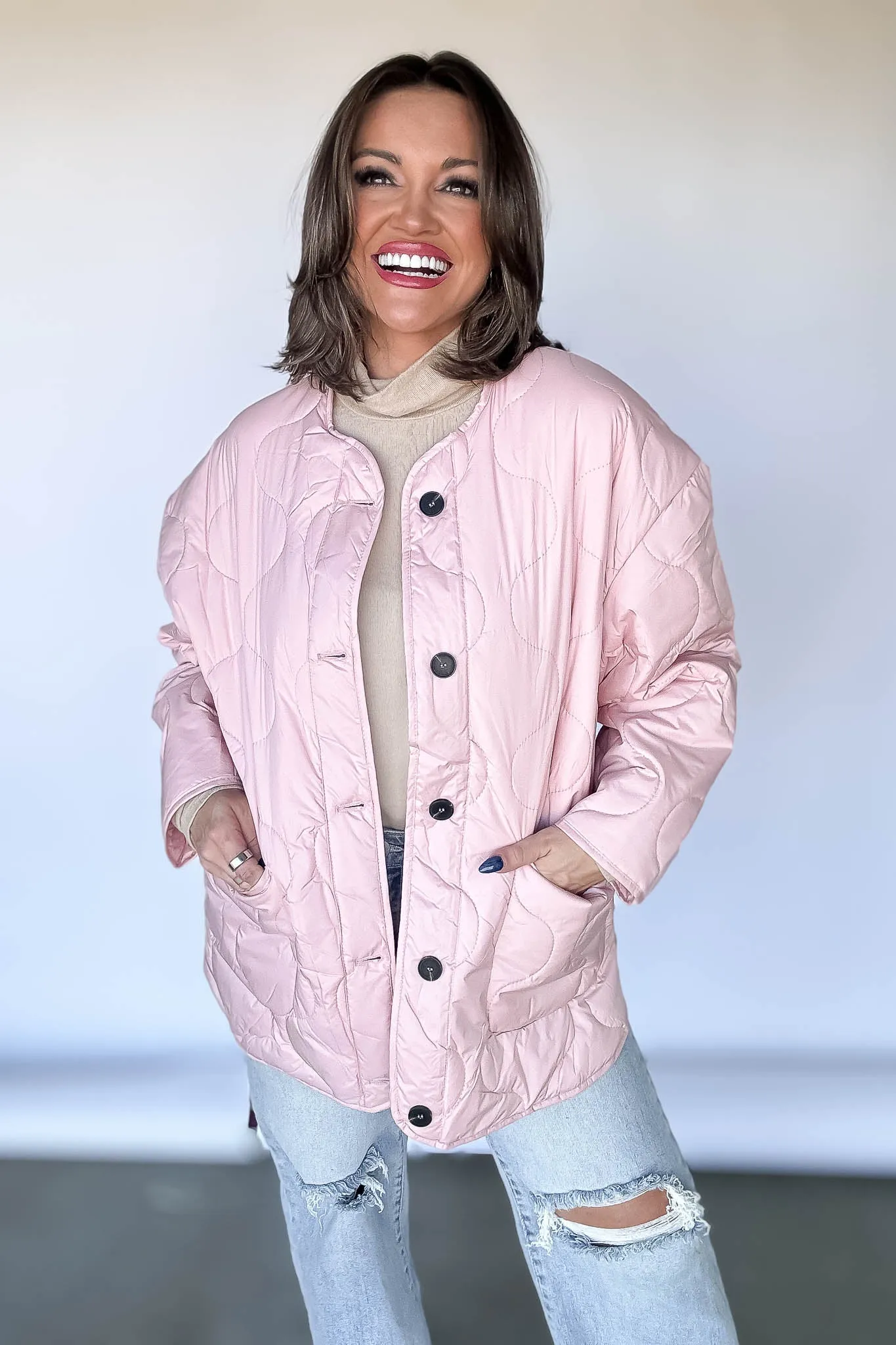 Quilted Pink Liner Jacket Button Down