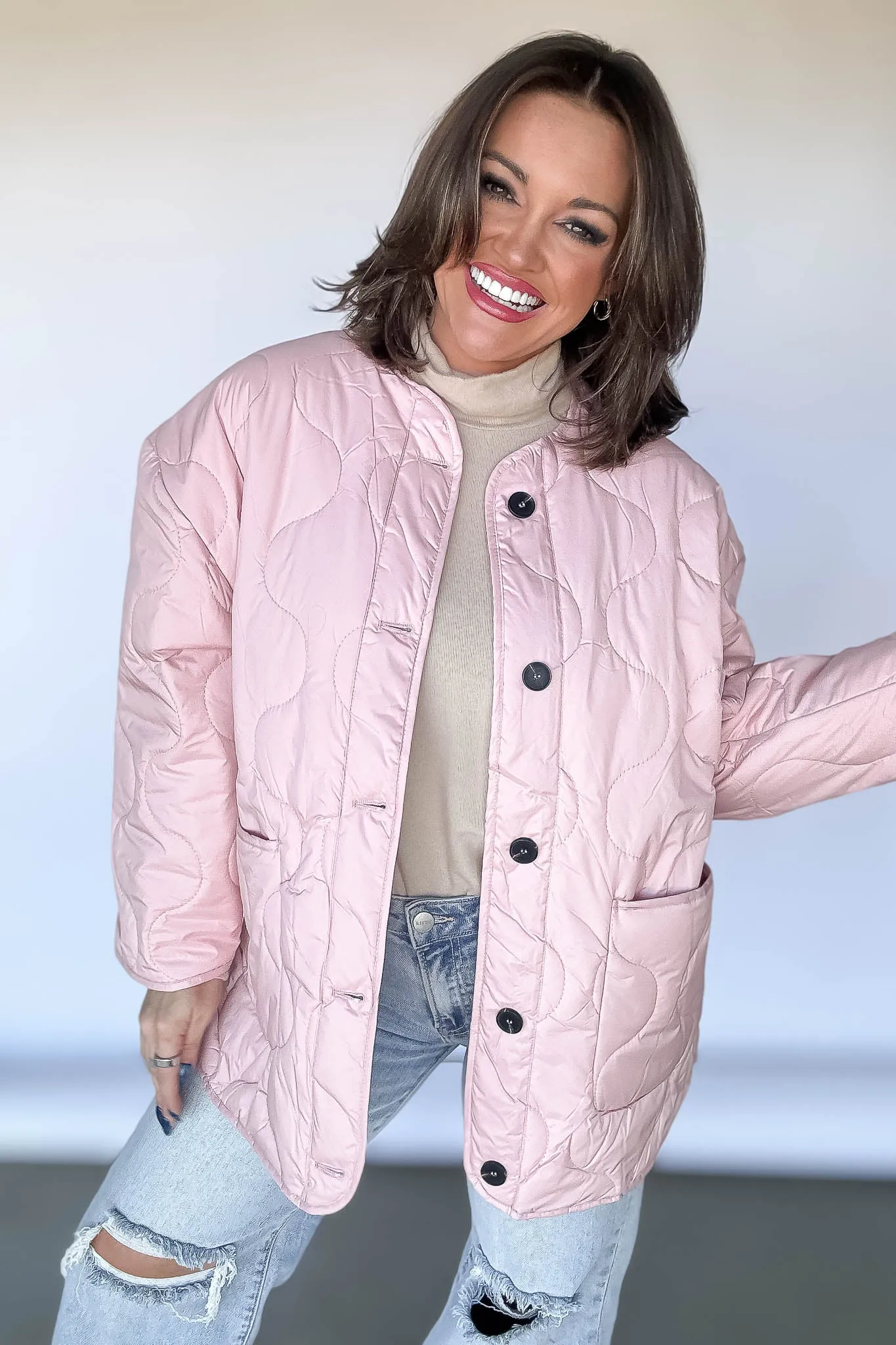 Quilted Pink Liner Jacket Button Down