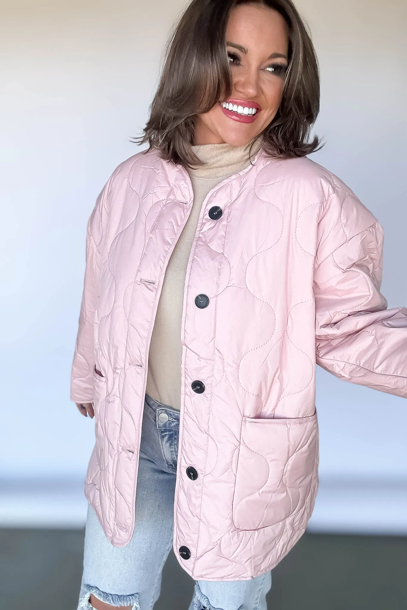 Quilted Pink Liner Jacket Button Down