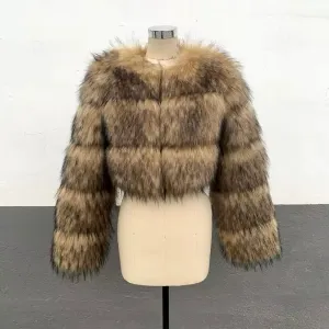 Raccoon Cropped 3 Row Faux Fur Jacket