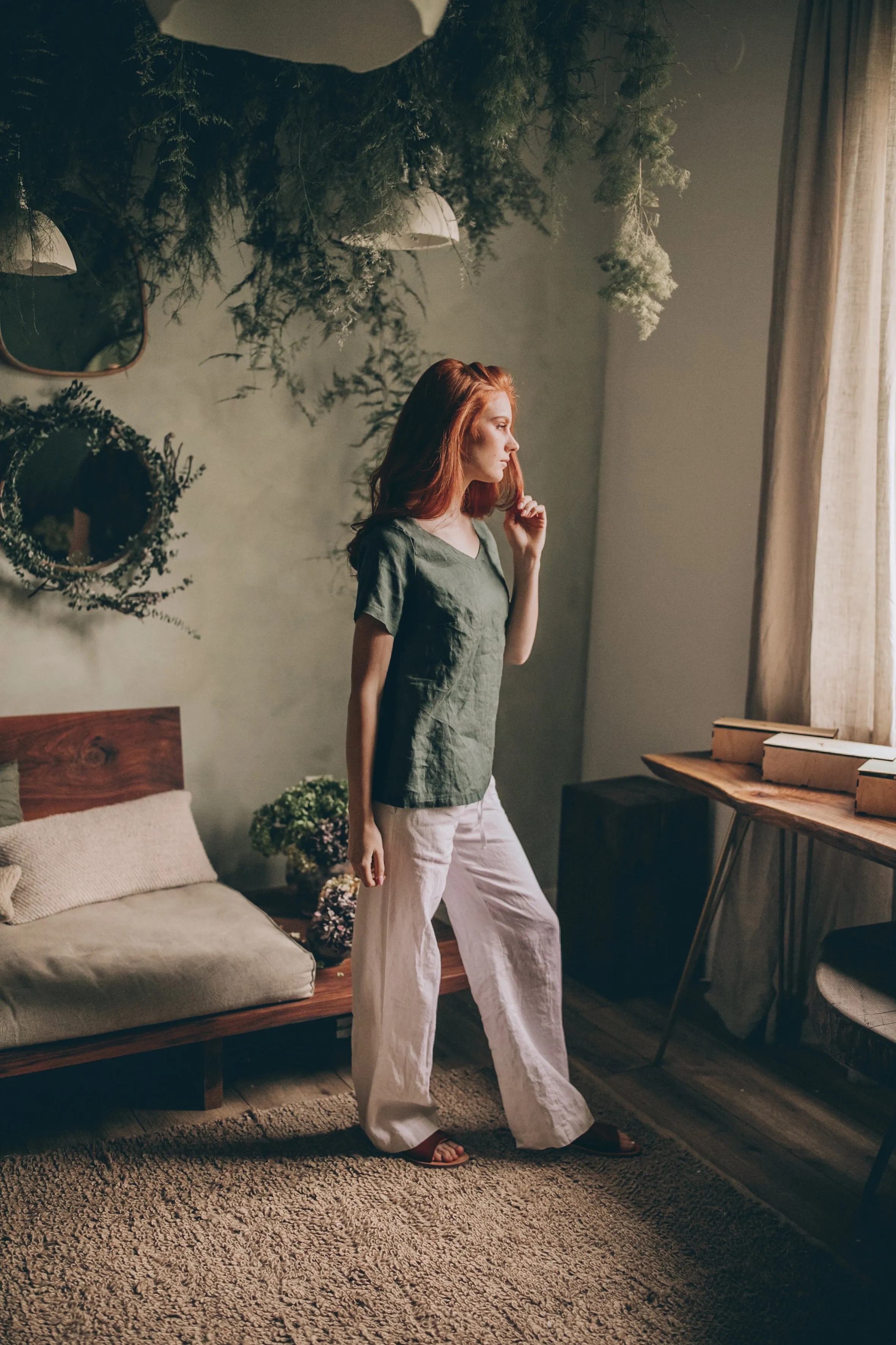 Relaxed Linen Shirt Top with V-Neck