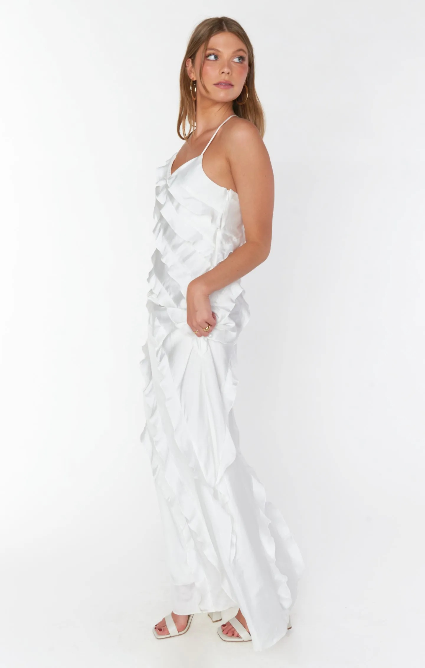 Romance Ruffle Dress ~ Ivory Luxe Satin