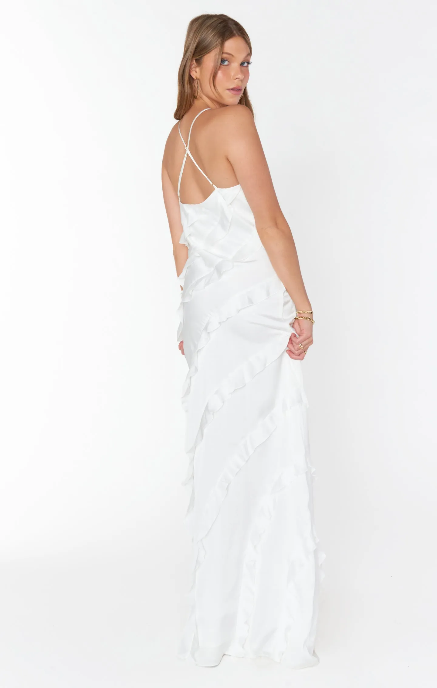 Romance Ruffle Dress ~ Ivory Luxe Satin