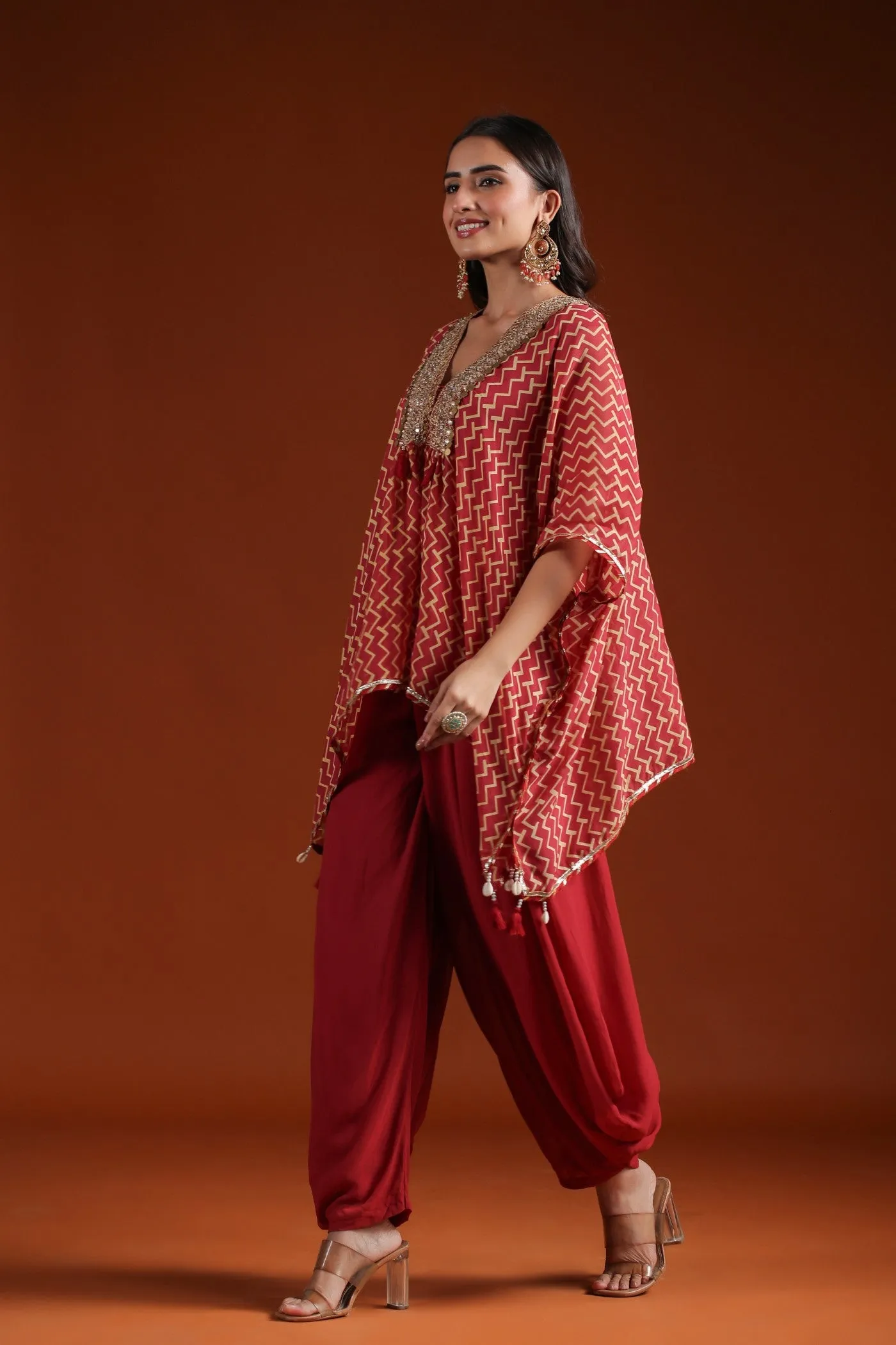 Rustic Red Chevron Organza Silk Kaftan with Palazzo