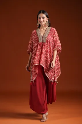 Rustic Red Chevron Organza Silk Kaftan with Palazzo