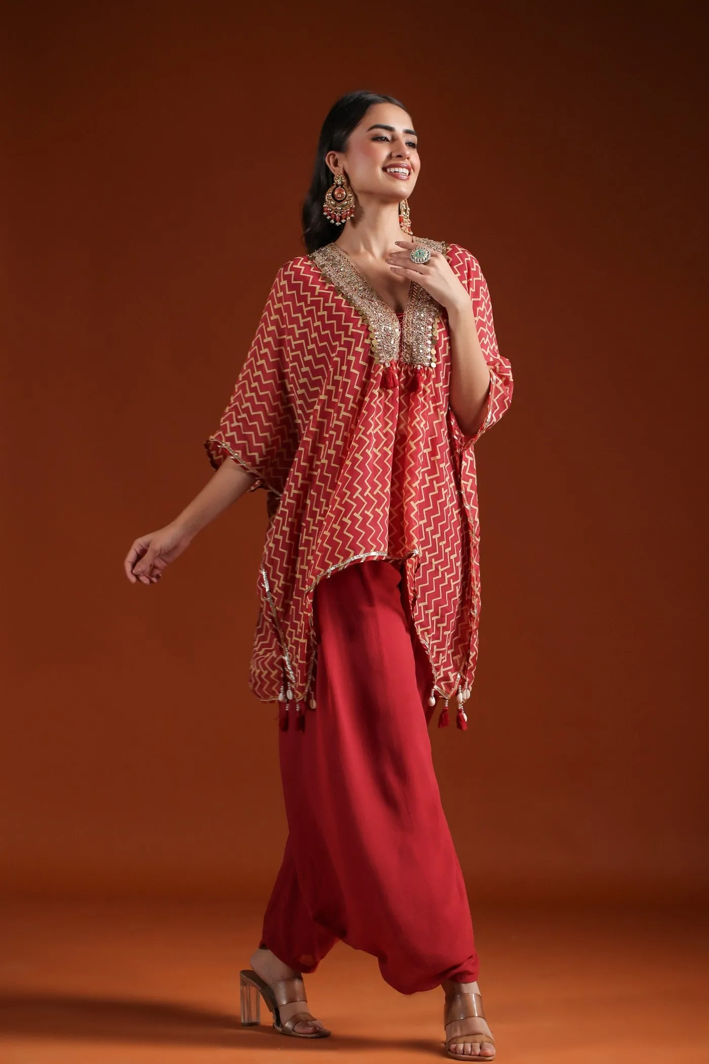 Rustic Red Chevron Organza Silk Kaftan with Palazzo