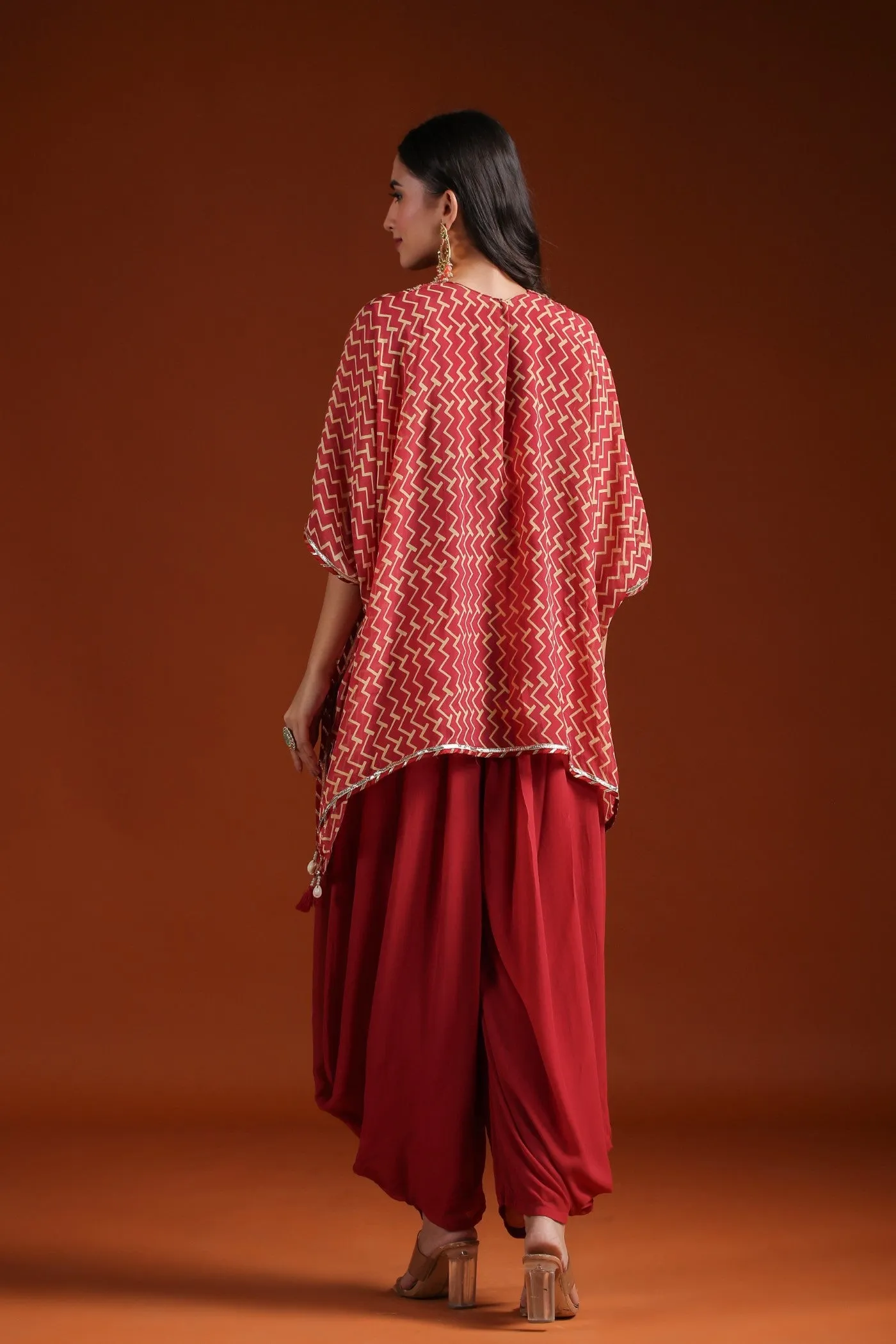 Rustic Red Chevron Organza Silk Kaftan with Palazzo