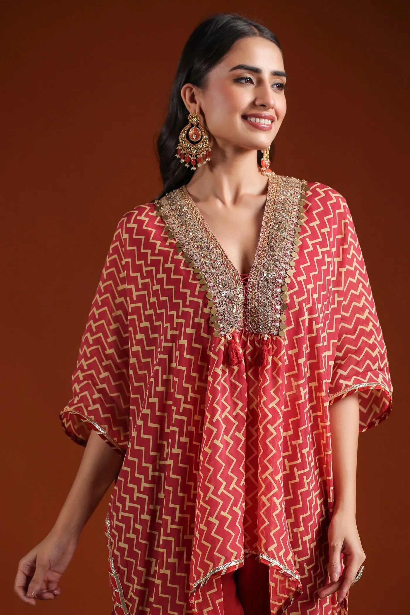 Rustic Red Chevron Organza Silk Kaftan with Palazzo