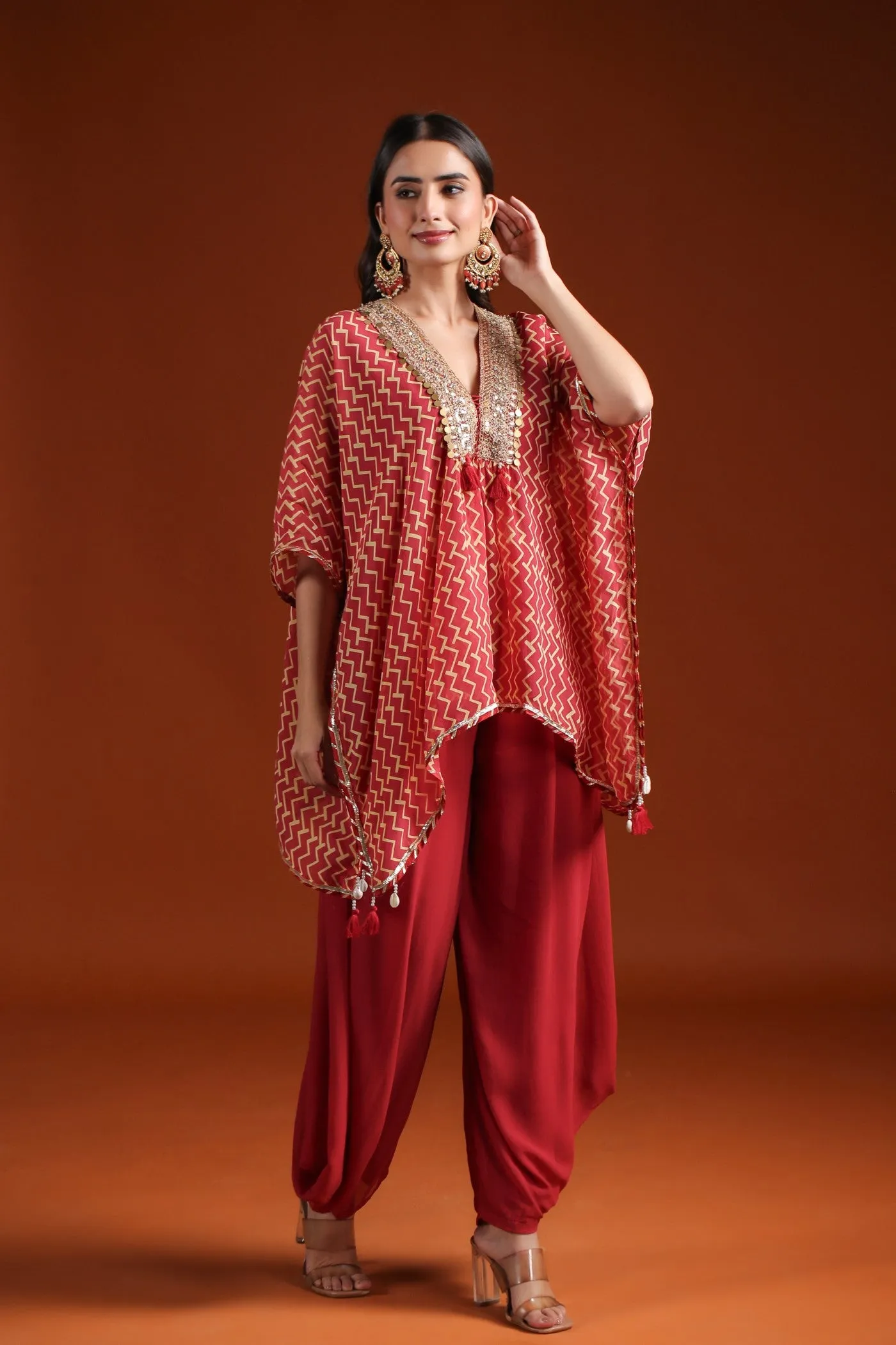 Rustic Red Chevron Organza Silk Kaftan with Palazzo