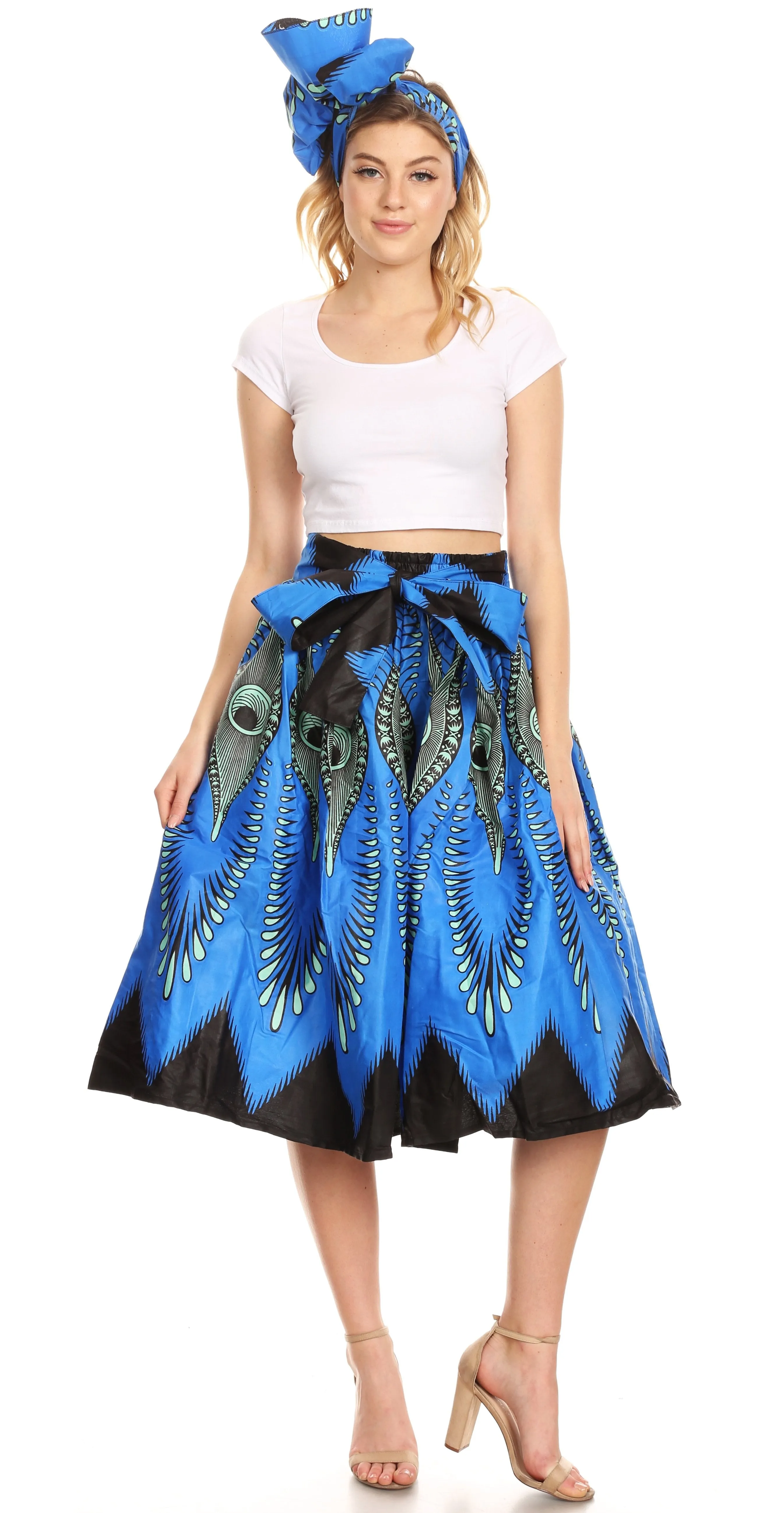 Sakkas Ama Women's Vintage Circle African Ankara Print Midi Skirt with Pockets