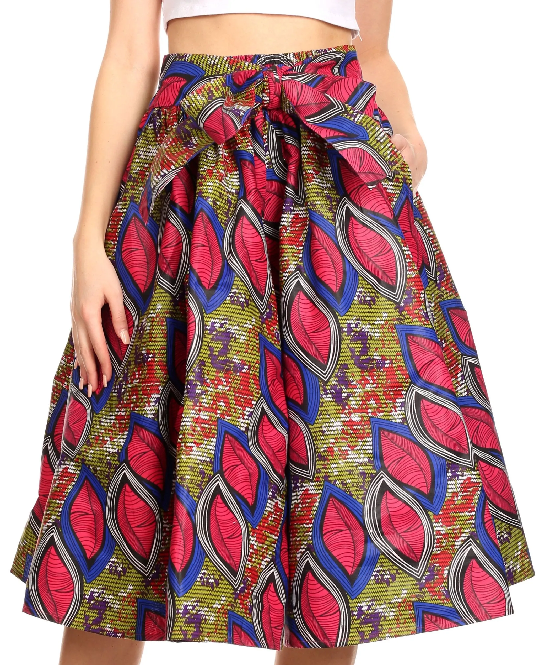 Sakkas Ama Women's Vintage Circle African Ankara Print Midi Skirt with Pockets