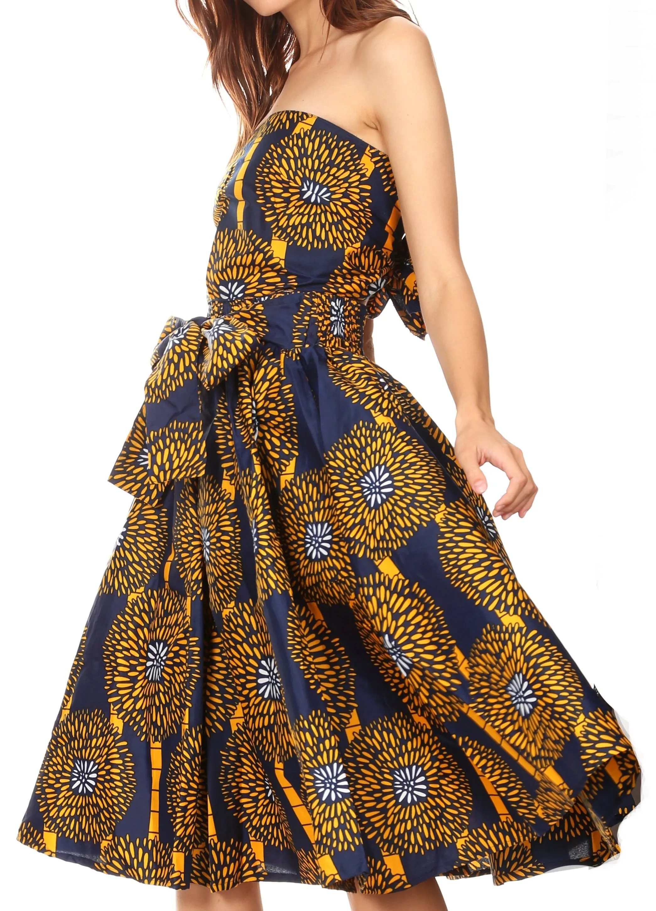 Sakkas Ama Women's Vintage Circle African Ankara Print Midi Skirt with Pockets