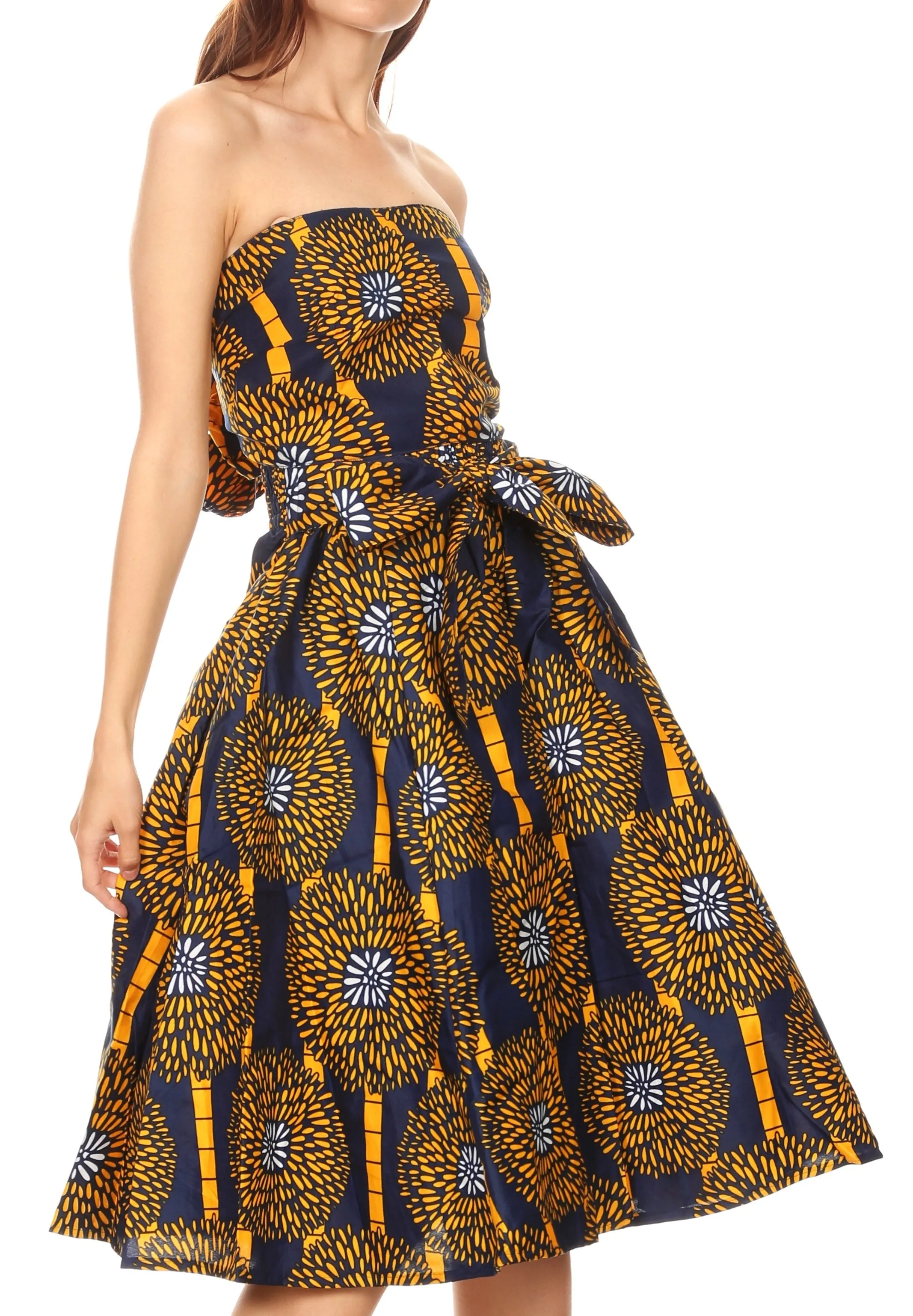 Sakkas Ama Women's Vintage Circle African Ankara Print Midi Skirt with Pockets