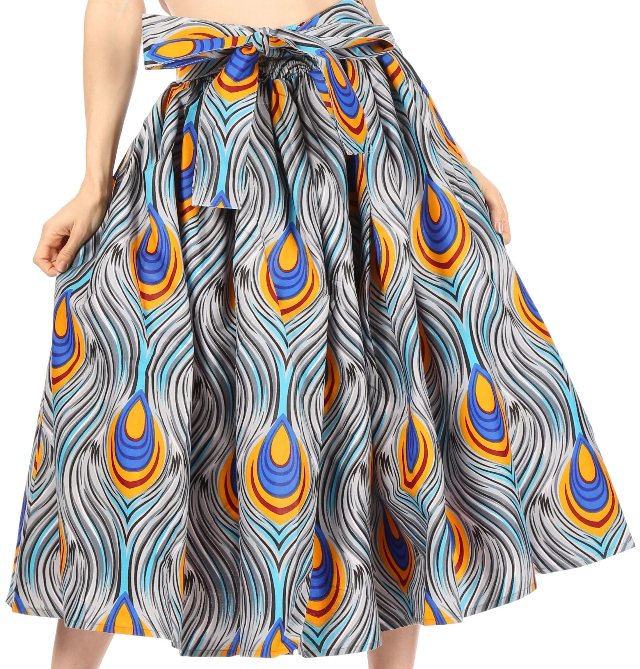 Sakkas Ama Women's Vintage Circle African Ankara Print Midi Skirt with Pockets